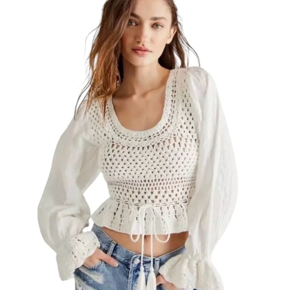Free People Meghan Crochet Long Sleeve Boho Crop Top XS Cream‎ Ivory Festival